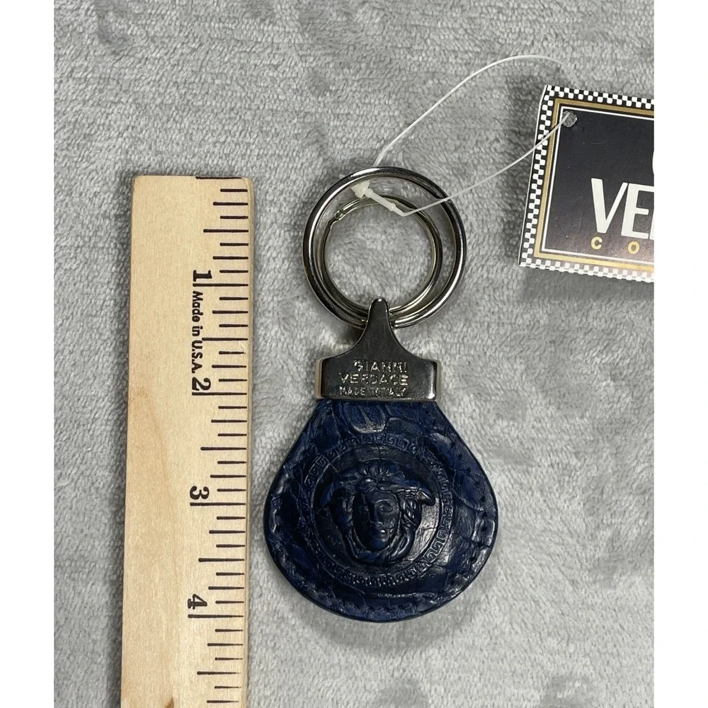Vintage Gianni Versace Medusa Keychain Unisex Blue Leather Italy